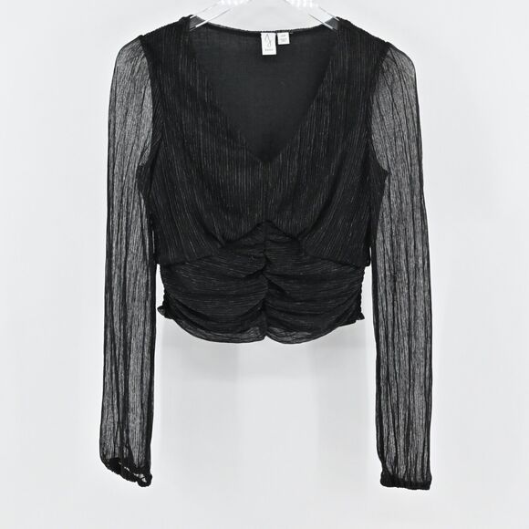 JOIE Top Womens Size S Black Metallic‎ VNeck Gathered Blouse Semi Sheer Sleeves - Picture 1 of 12